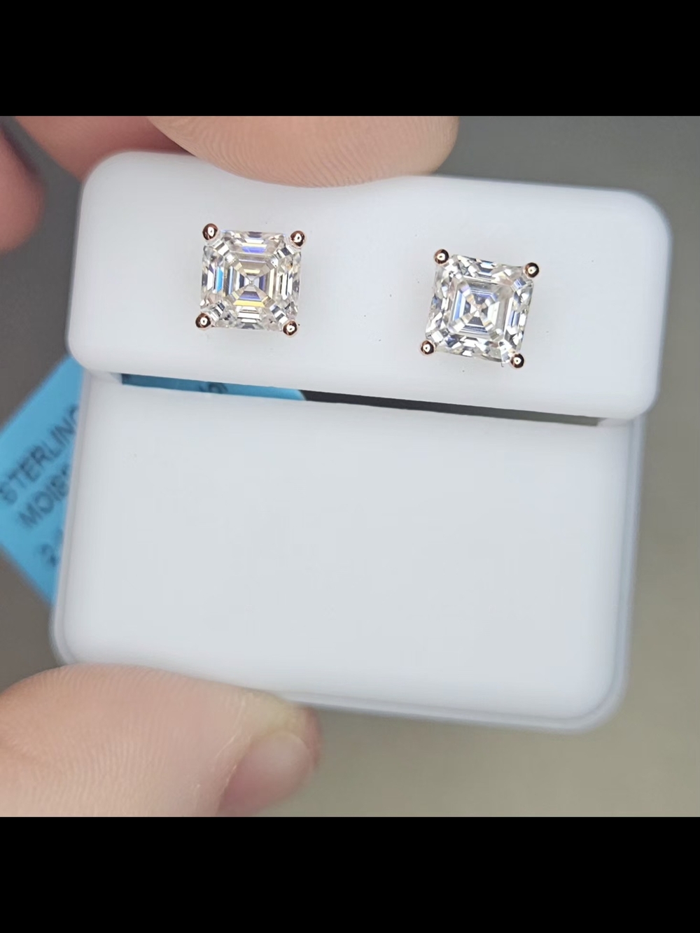 Moissanite Asscher Cut Earrings In 925 Sterling Silver Rose Gold Vermeil